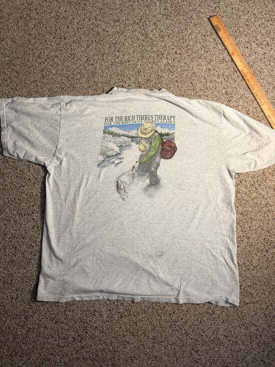 Vintage 90s Tultex Alaska Fly Fishing T-Shirt For The Rich There's Therapy 2XL - Picture 2 of 8